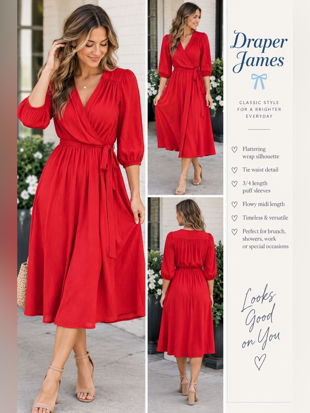 Draper James Red Long Sleeve Wrap Dress with Tie Waist
